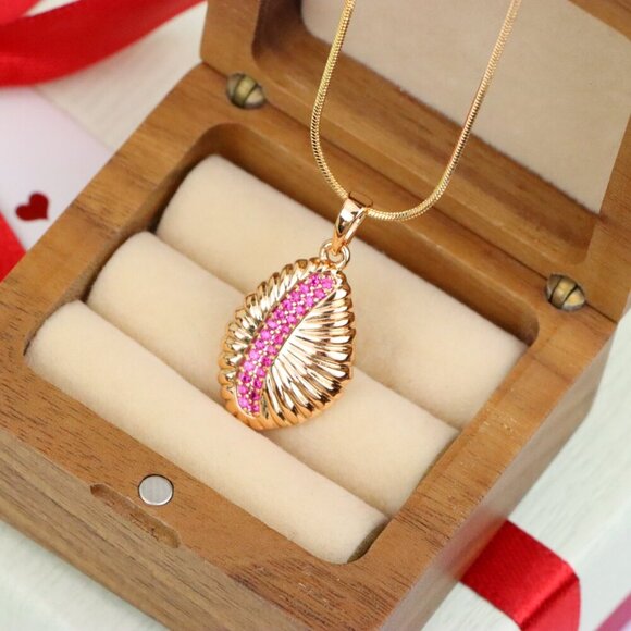 "Rose Gold Textured Pendant with Pink Stone Accent in Leaf Design, XPPT1490 - Picture 8 of 13